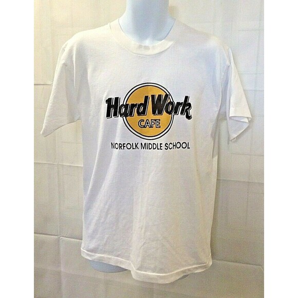 Hard Work Cafe T Shirt Vintage Norfolk Middle School Made in USA Single Stitch L - Picture 1 of 5